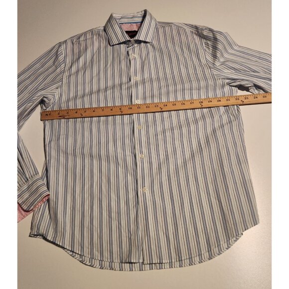 Egara Shirt Blue Striped Pink Flip Cuffs Modern Fit Stretch Mens Large - Picture 10 of 13